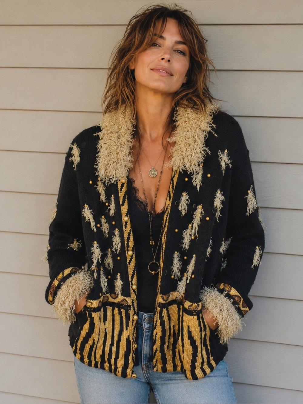 Vintage Storybook Knits Black and Gold Animal Print Embellished Cardigan Sweater